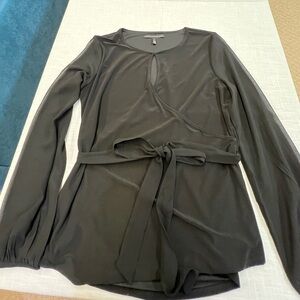 White House Black Market Elegant Black Wrap Blouse With Sheer, Long Sleeve